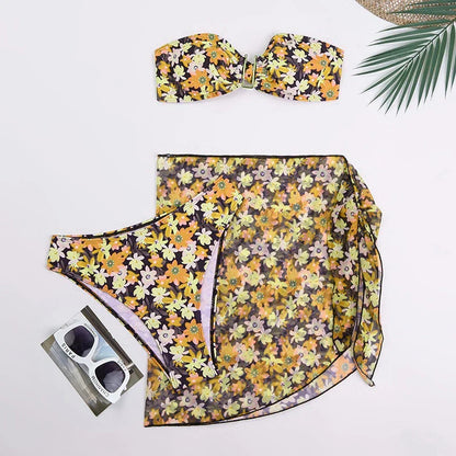 Cyflymder  Printing Split Bikini Set Women Swimsuit Metal U-shaped Decoration Bandage G-string Bikini Cover Ups Sexy 3 Piece Sets Beachwear