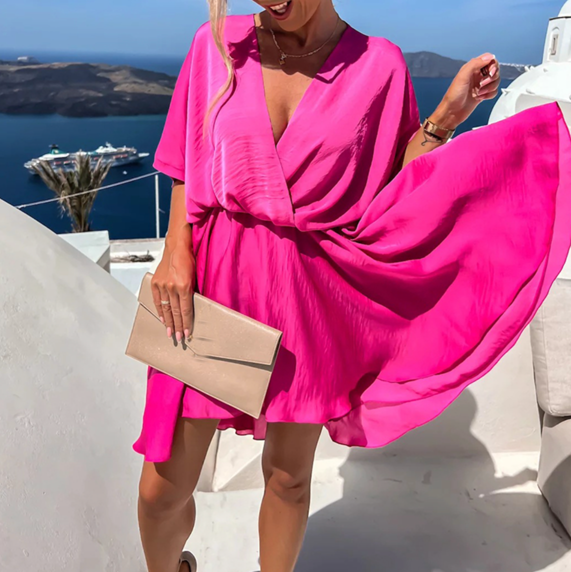 Women's Emerald Green Wrap Mini Dress Elegant V Neck Loose Vacation Party Dress - Seldom Seen Styles
