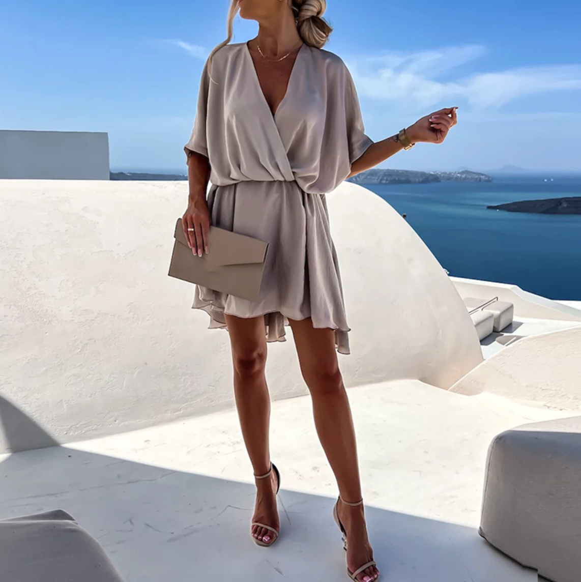 Women's Emerald Green Wrap Mini Dress Elegant V Neck Loose Vacation Party Dress - Seldom Seen Styles