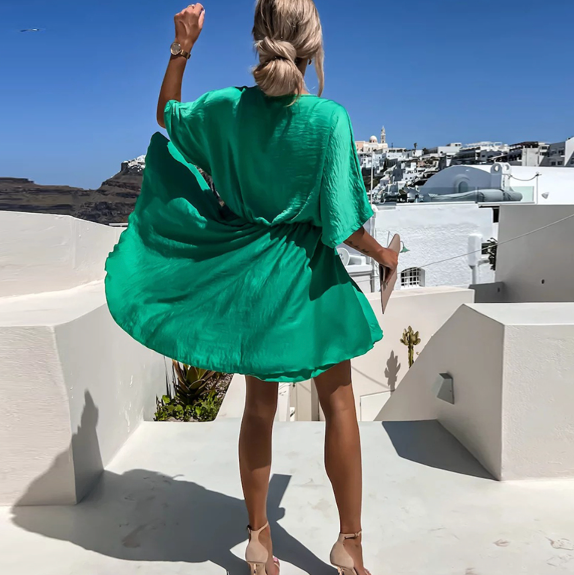 Women's Emerald Green Wrap Mini Dress Elegant V Neck Loose Vacation Party Dress - Seldom Seen Styles