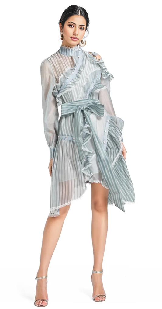 Sheer striped ruffle mini dress with sash – Nova
