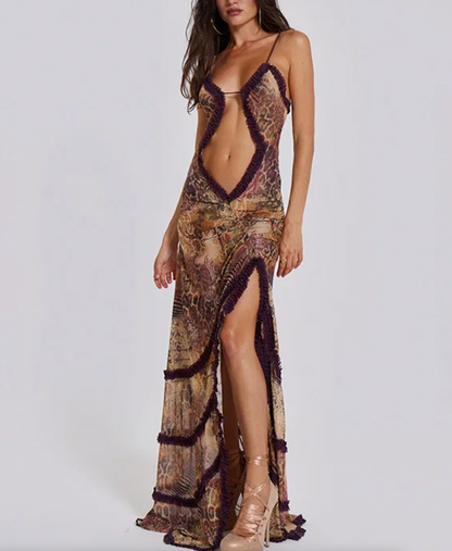 BRIT Y2K MAXIKLEID MIT RÜSCHEN UND AUSSCHNITT