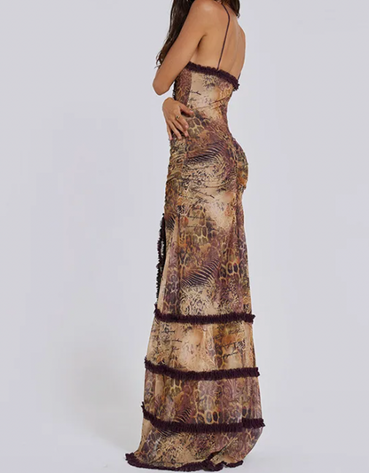 BRIT Y2K MAXIKLEID MIT RÜSCHEN UND AUSSCHNITT