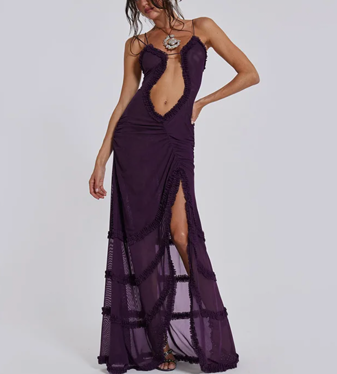 BRIT Y2K RUFFLE MAXI CUTOUT DRESS - Seldom Seen Styles