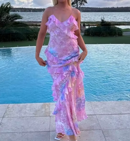 LORA MAXIKLEID MIT BLUMENMUSTER UND RÜSCHEN