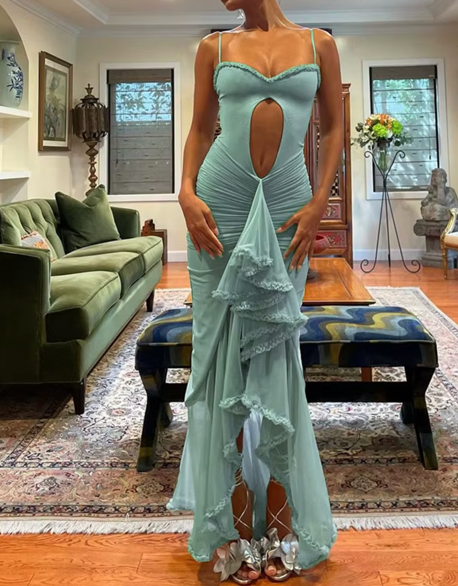 SARA RUFFLE DRESS WITH CUTOUT - Seldom Seen Styles