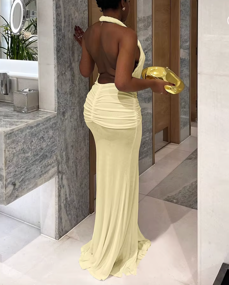 JEWEL PLUNGE NECK MAXI HALTER DRESS - Seldom Seen Styles