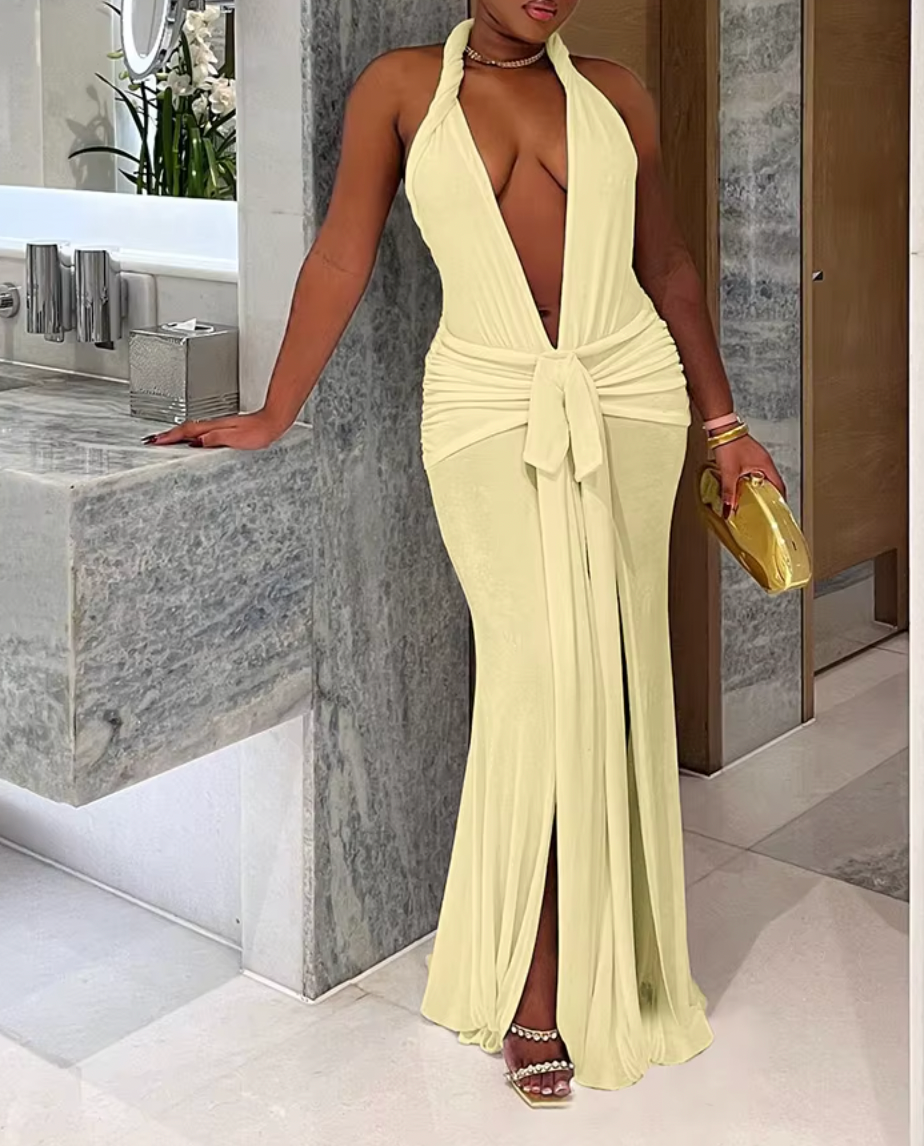 JEWEL PLUNGE NECK MAXI HALTER DRESS - Seldom Seen Styles