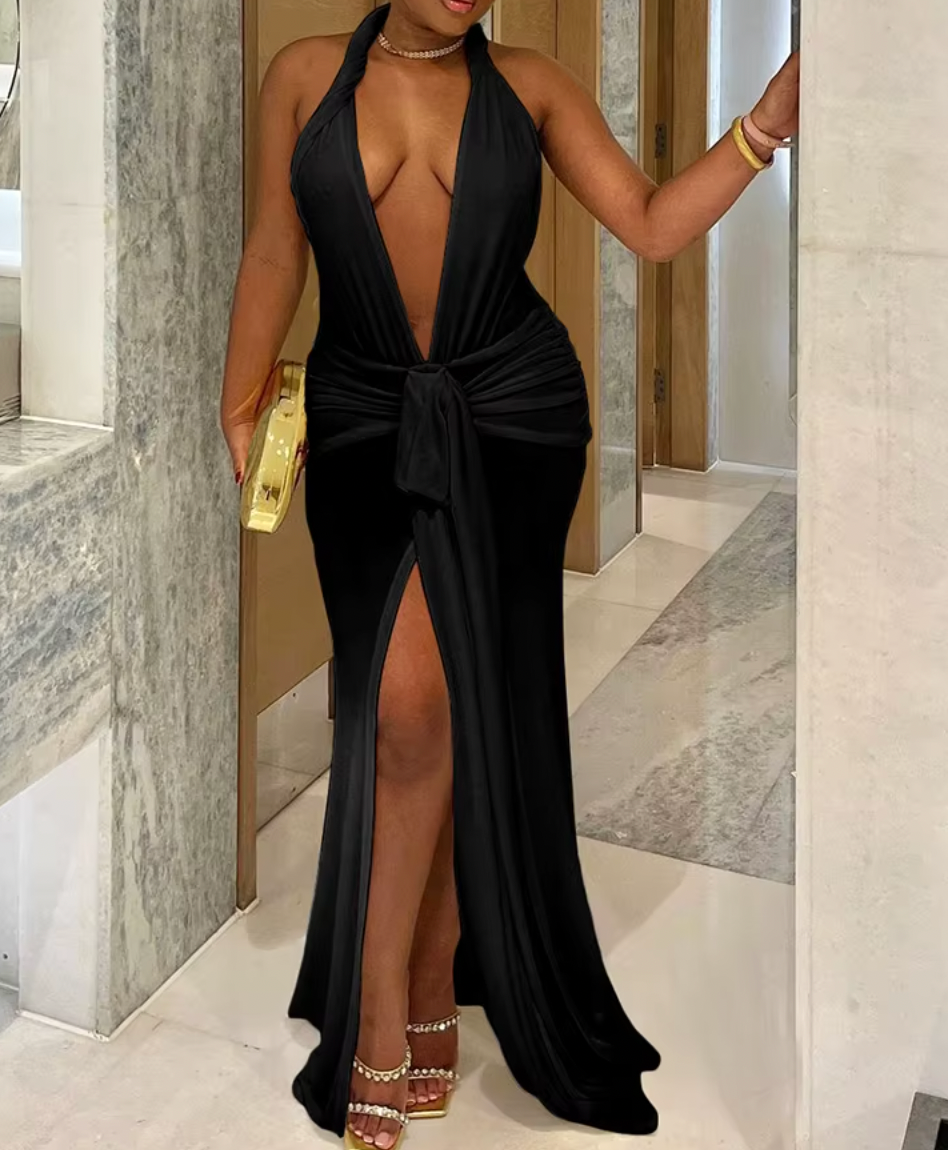 JEWEL PLUNGE NECK MAXI HALTER DRESS - Seldom Seen Styles