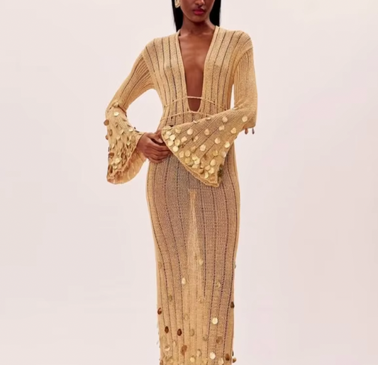 LANIE DEEP V CROCHET SEQUIN DRESS - Seldom Seen Styles