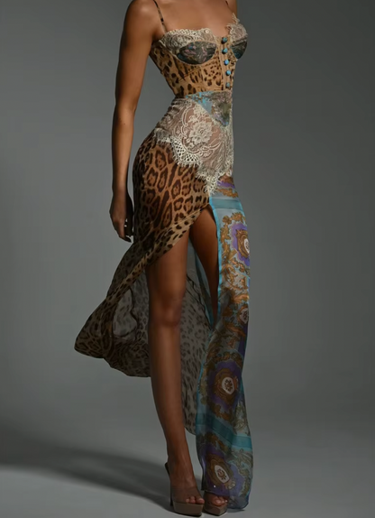 YANA KLEID MIT LEOPARDEN- UND SPITZENDRUCK