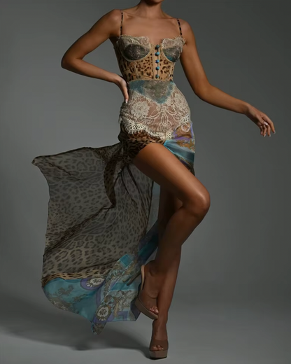 YANA KLEID MIT LEOPARDEN- UND SPITZENDRUCK