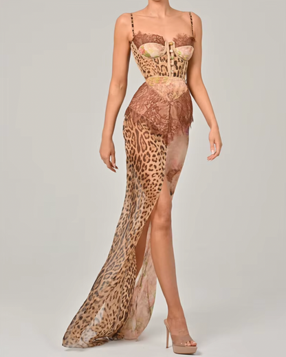 YANA KLEID MIT LEOPARDEN- UND SPITZENDRUCK