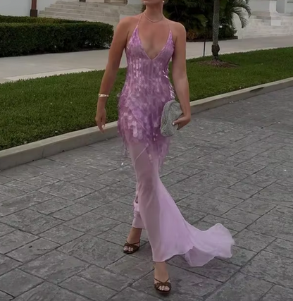 JANA SHEER SEQUIN V NECK DRESS