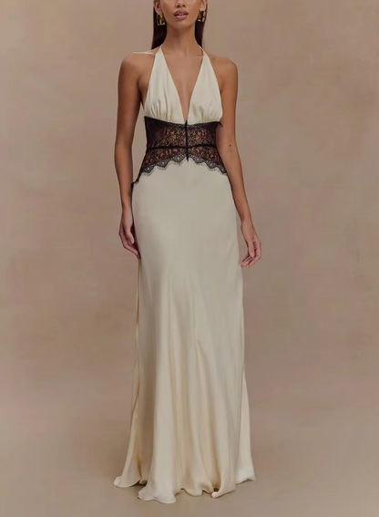 LEILA NECKHOLDER V-AUSSCHNITT MAXIKLEID MIT SPITZE