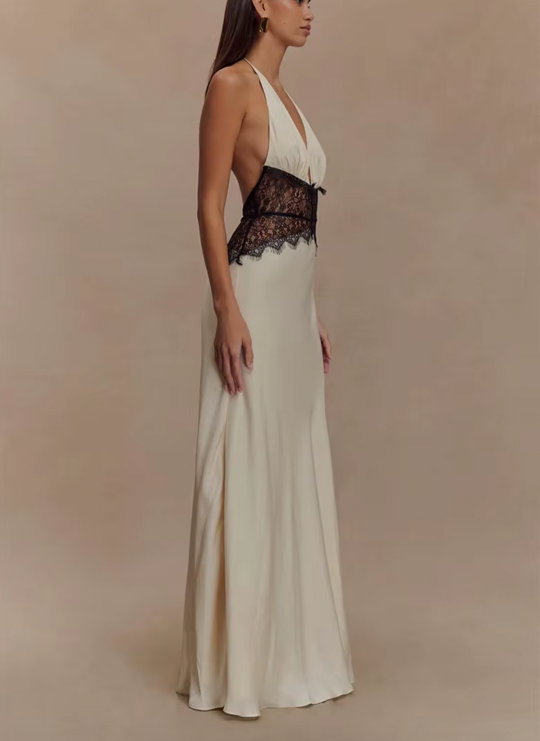 LEILA HALTER V NECK MAXI DRESS WITH LACE - Seldom Seen Styles