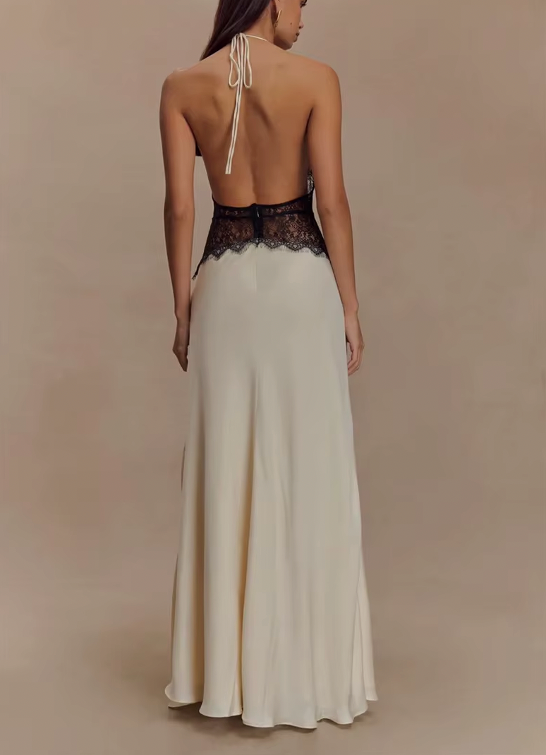 LEILA HALTER V NECK MAXI DRESS WITH LACE - Seldom Seen Styles