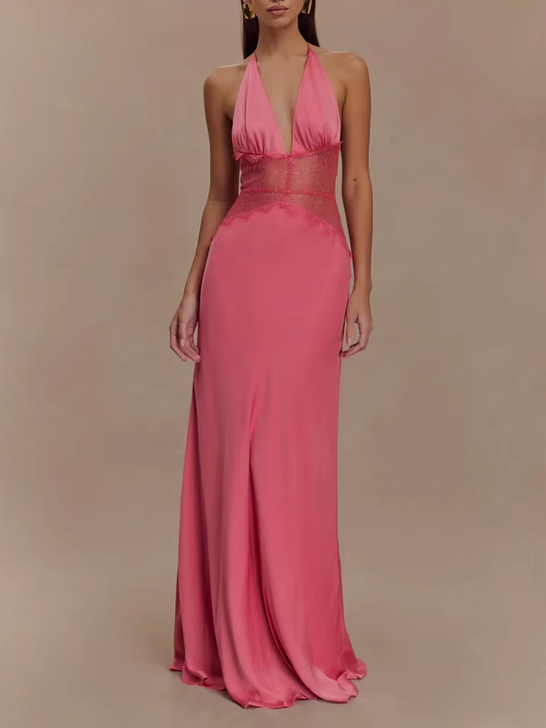 LEILA HALTER V NECK MAXI DRESS WITH LACE - Seldom Seen Styles