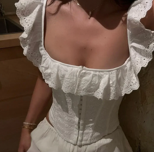 LEILA EYELET CORSET RUFFLE TOP - Seldom Seen Styles