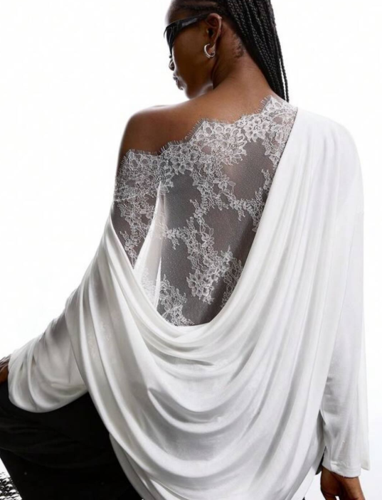 Women's Off Shoulder Top Lace Back Oversized Long Sleeve Casual Loose Fit Blouse - Seldom Seen Styles