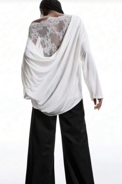 Women's Off Shoulder Top Lace Back Oversized Long Sleeve Casual Loose Fit Blouse