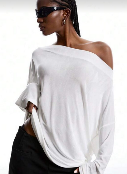 Women's Off Shoulder Top Lace Back Oversized Long Sleeve Casual Loose Fit Blouse