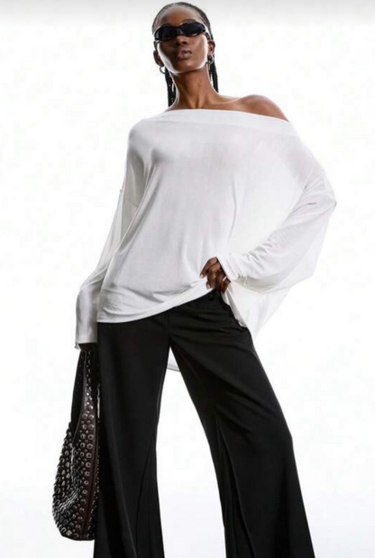 Women's Off Shoulder Top Lace Back Oversized Long Sleeve Casual Loose Fit Blouse