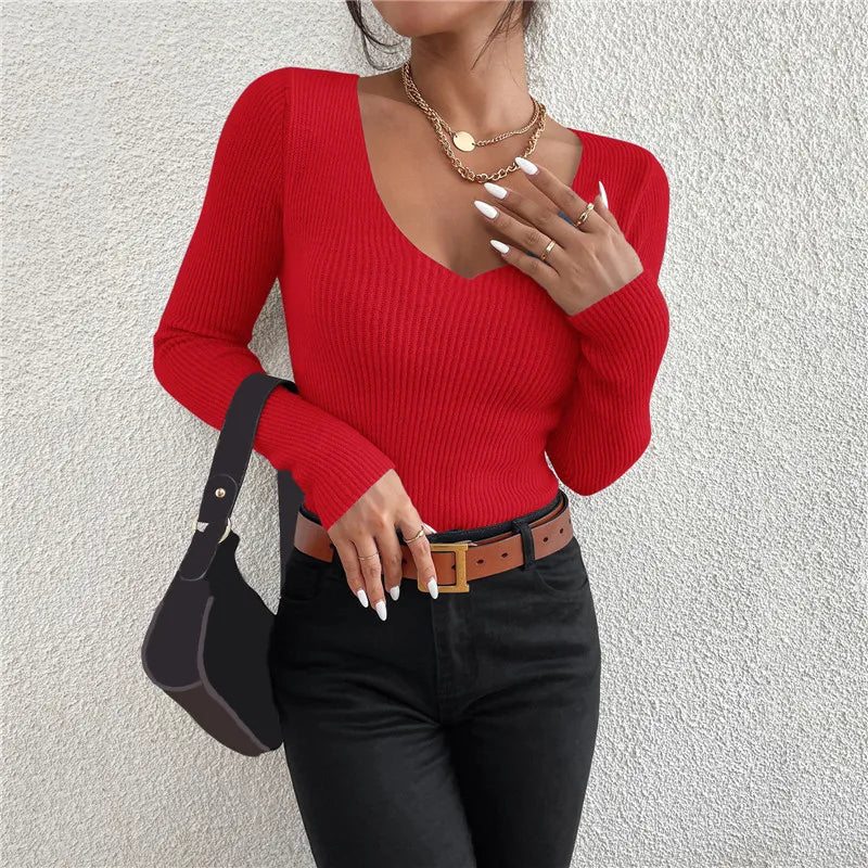 2024 herbst Winter Frauen Solide Rib Knit V-ausschnitt Streifen Pull Pullover Femme Y2k Langarm Pullover Jersey Tops Mode Kleidung