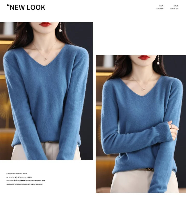 Merino Wool Women's Autumn And Winter Solid Color V-Neck Long-Sleeved Loose Knitted Sweater