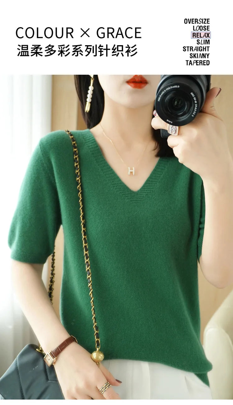 Spring/Summer 2022 Ladies Sweater Pullover Solid Color V-neck Half-sleeved Knitted Cashmere Sweater Thin Casual Top