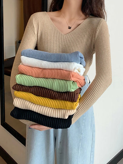 Women Female Knitted Ribbed Sweater Autumn Winter Pullover  Slim Long Sleeve  Sweater