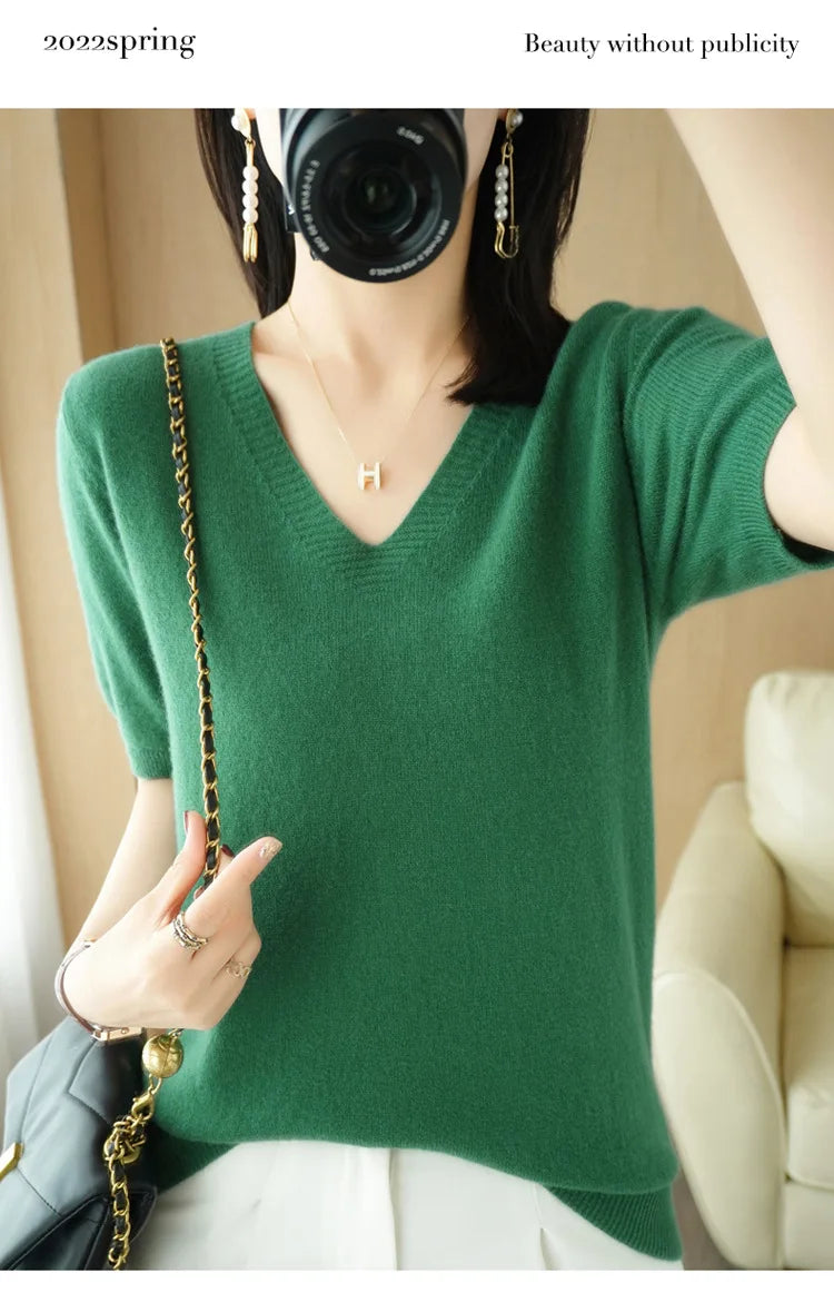 Spring/Summer 2022 Ladies Sweater Pullover Solid Color V-neck Half-sleeved Knitted Cashmere Sweater Thin Casual Top