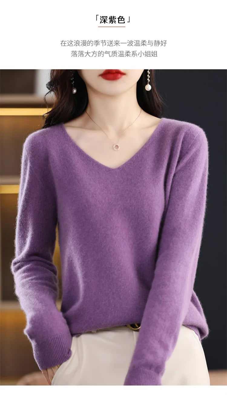 Merino Wool Women's Autumn And Winter Solid Color V-Neck Long-Sleeved Loose Knitted Sweater