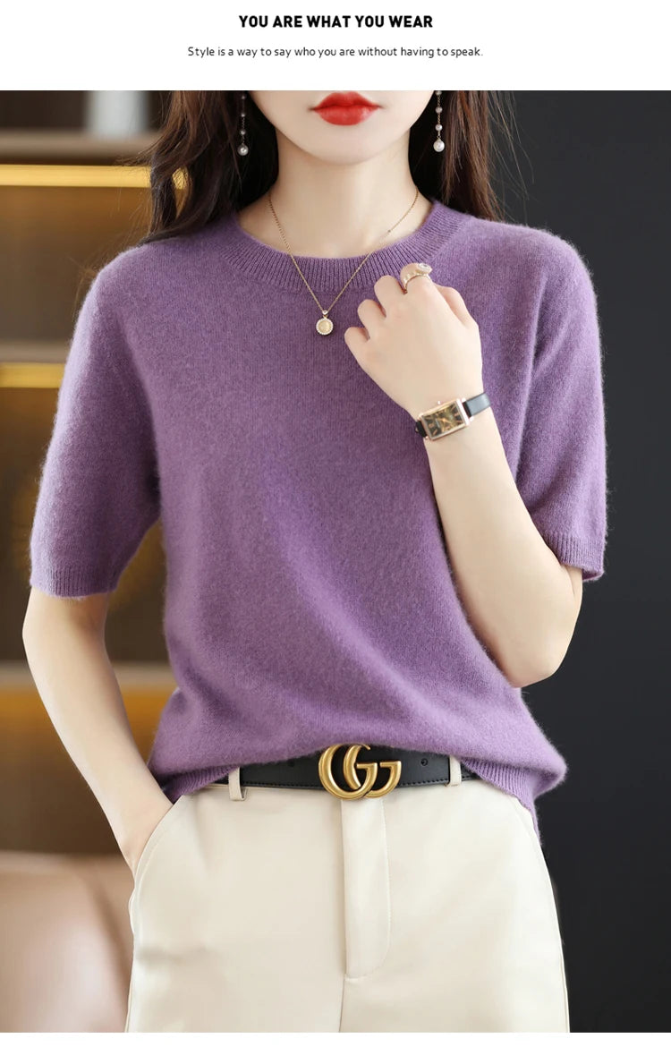 Spring and Summer New Short-sleeved Women O-neck Slim Wool Cotton Blend Pullover Vest T-shirt Knitted Base Sweater