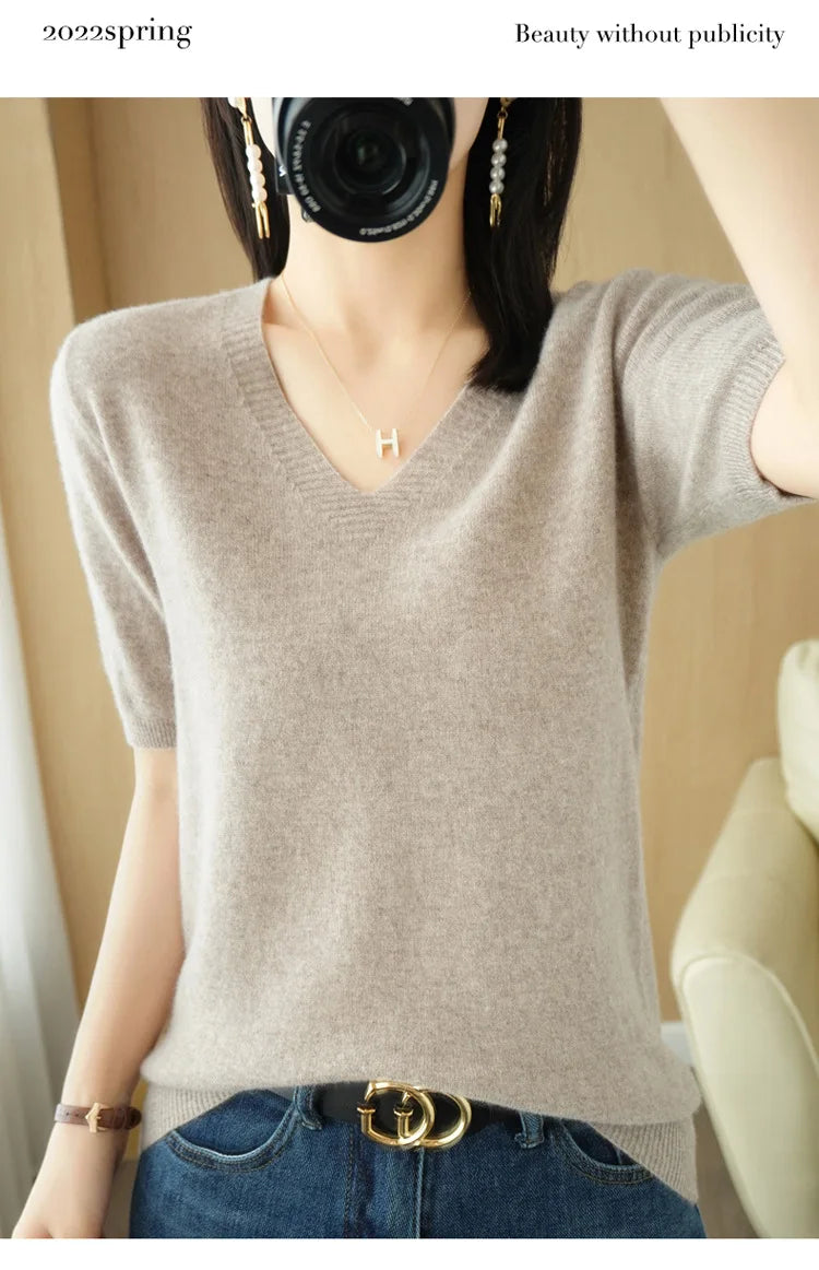 Spring/Summer 2022 Ladies Sweater Pullover Solid Color V-neck Half-sleeved Knitted Cashmere Sweater Thin Casual Top