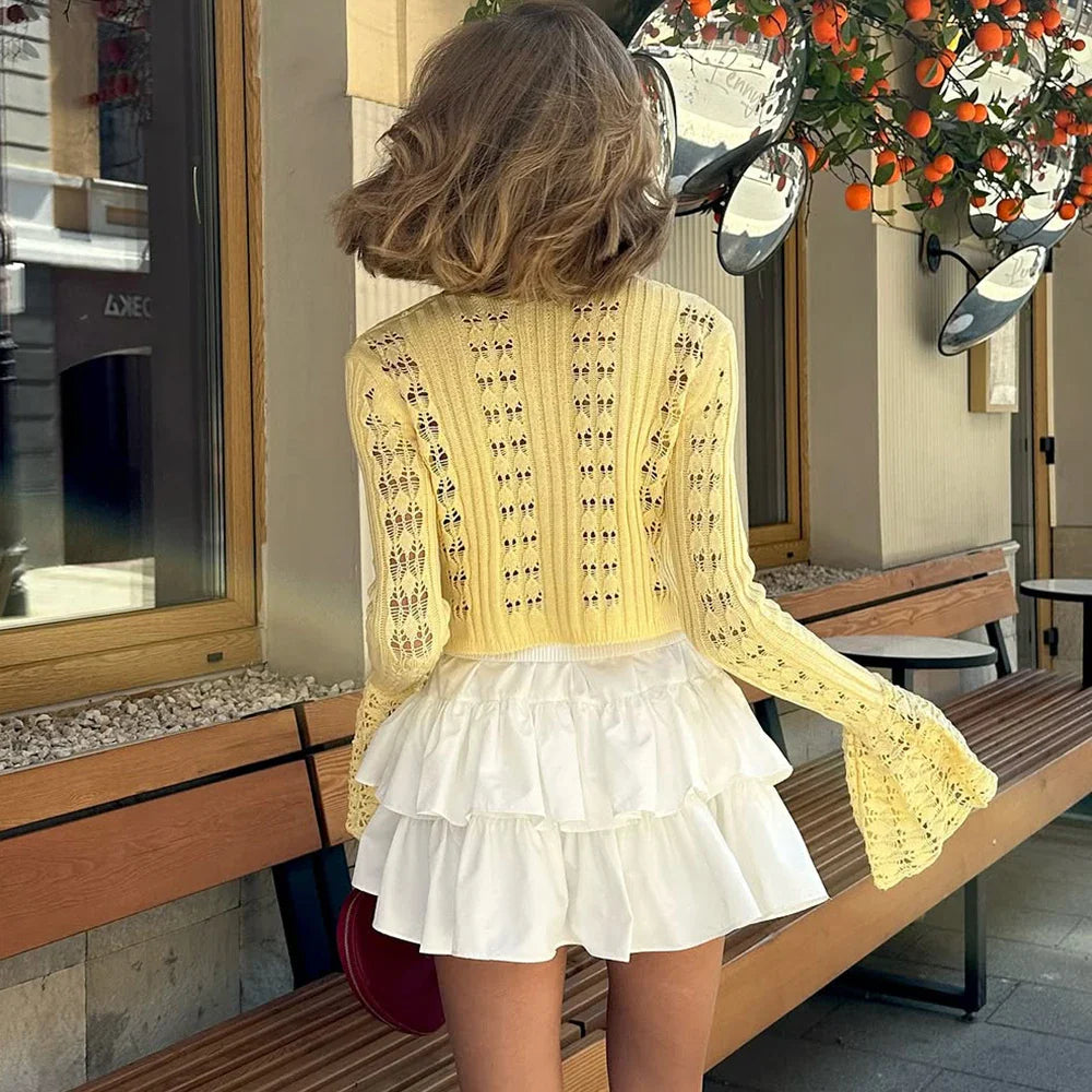 Tuularose Spring Knitted Cardigan Female Solid V-Neck Hollow Out Short Knitted Top Fashion Casual Loose Commuter Female T-Shirt