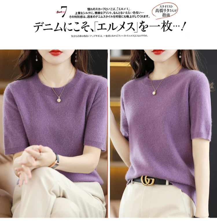 Spring and Summer New Short-sleeved Women O-neck Slim Wool Cotton Blend Pullover Vest T-shirt Knitted Base Sweater