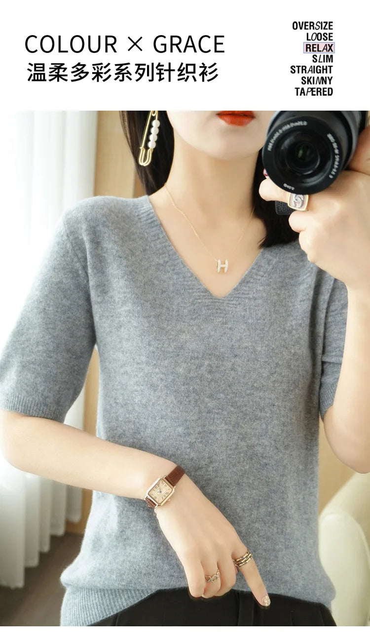 Spring/Summer 2022 Ladies Sweater Pullover Solid Color V-neck Half-sleeved Knitted Cashmere Sweater Thin Casual Top