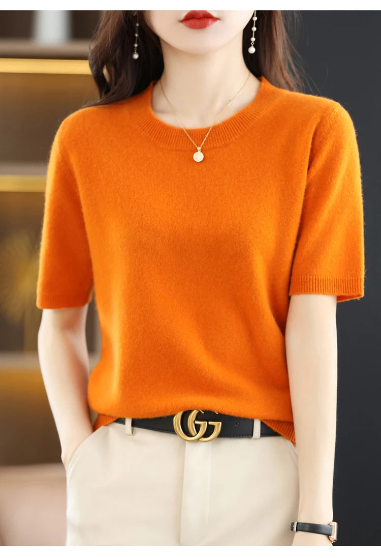 Spring and Summer New Short-sleeved Women O-neck Slim Wool Cotton Blend Pullover Vest T-shirt Knitted Base Sweater