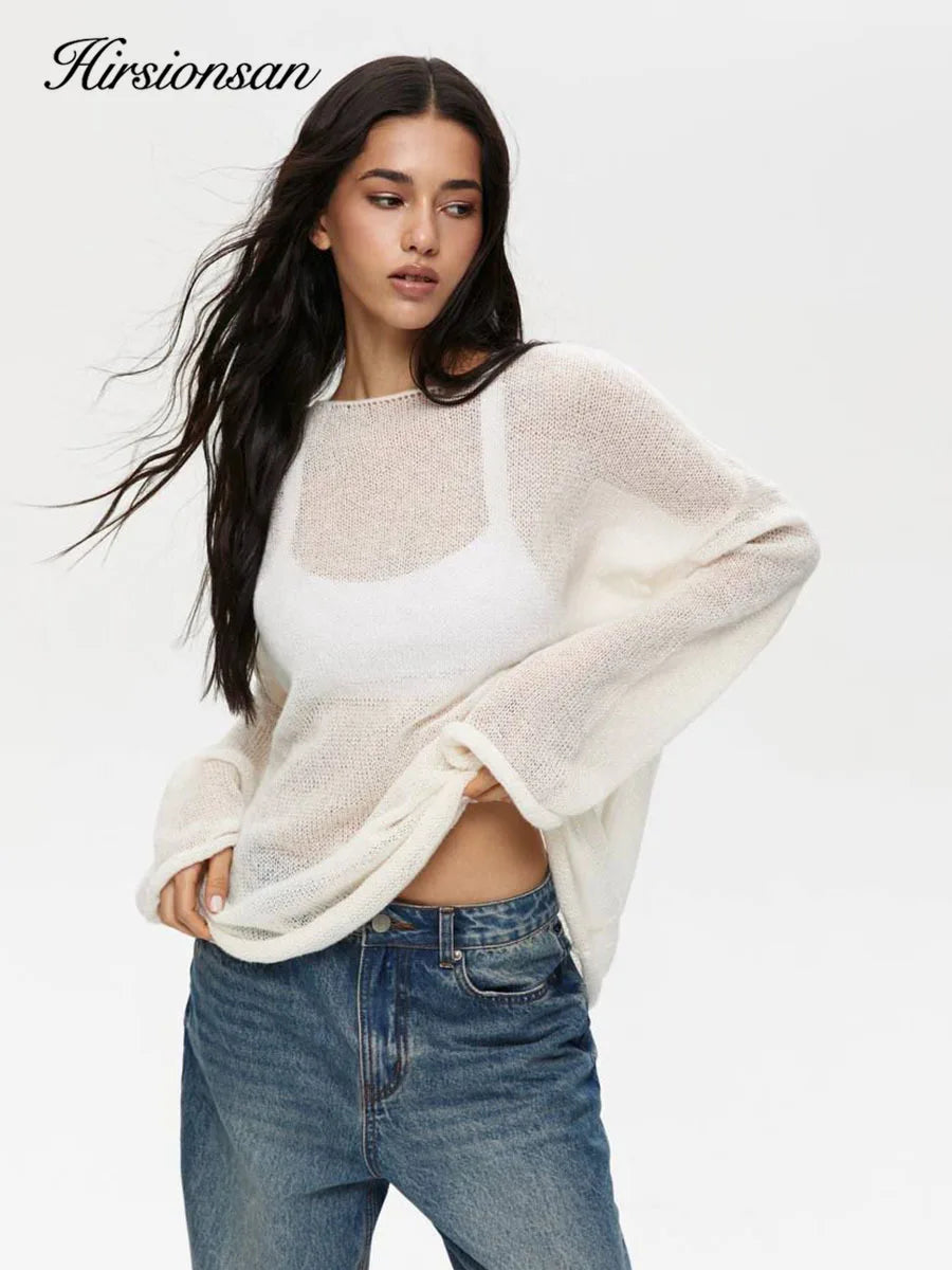 Hirsionsan Elegant Sweater Women 2024 Summer Autumn Casual Fashion Loose Women Pullovers Chic Pink White Jumper Sueter Mujer