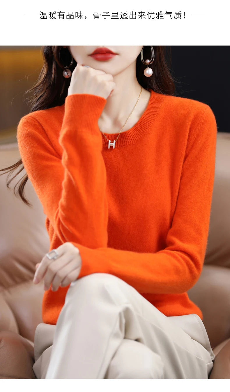 Women's 100% Pure Wool Cashmere Sweater O-Neck Pullover Knitted Casual Sweater Winter New  Long-Sleeved Warm High-Grade Jumper