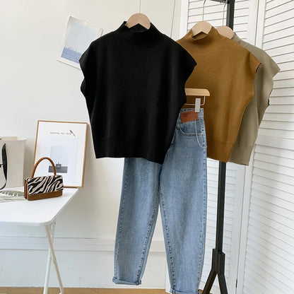 Fashion Vest Shirt Solid Stand-up Collar Knitted Sweater Short Sleeve Office Lady Loose Elegant  All-Match Straight Tops 20397