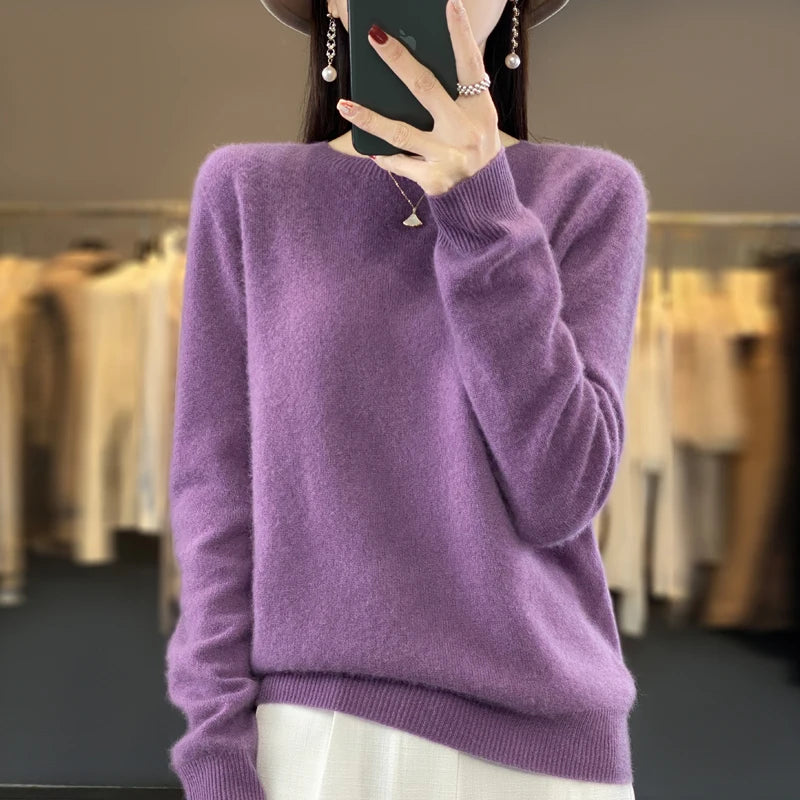 100 % Merinoull Tröja Dam O-ringad Cashmere Stickat Dam Pullover Höst Vinter Fritidskläder Enfärgad Mjuka kläder