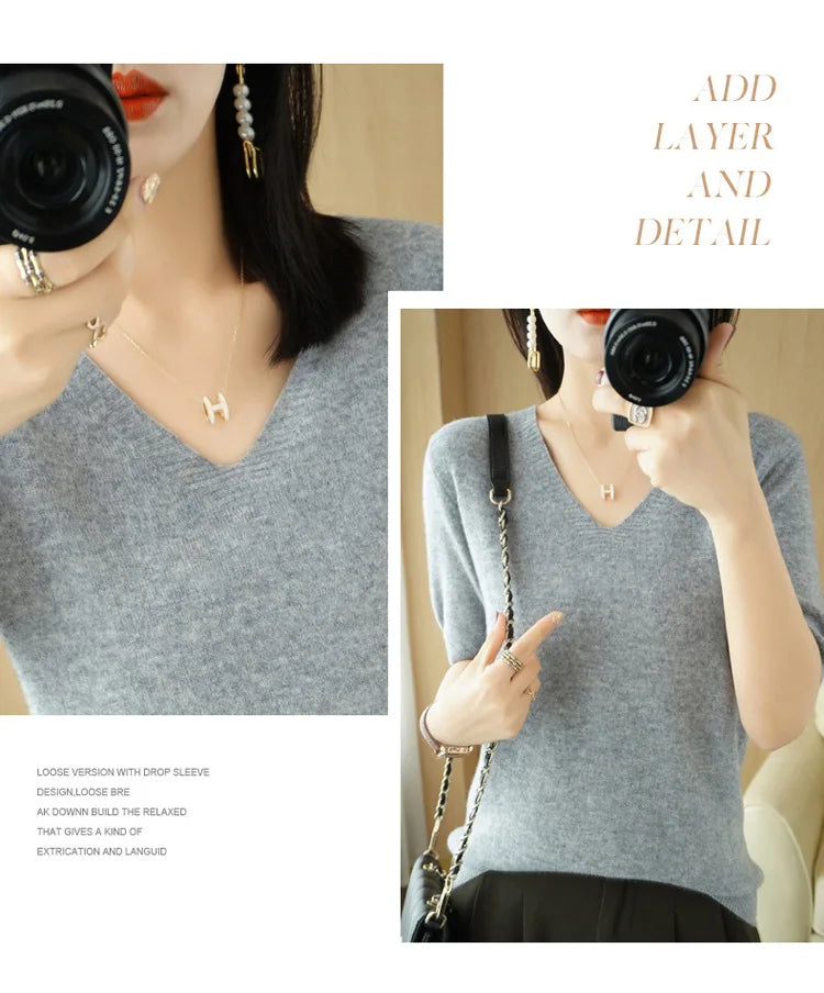 Spring/Summer 2022 Ladies Sweater Pullover Solid Color V-neck Half-sleeved Knitted Cashmere Sweater Thin Casual Top