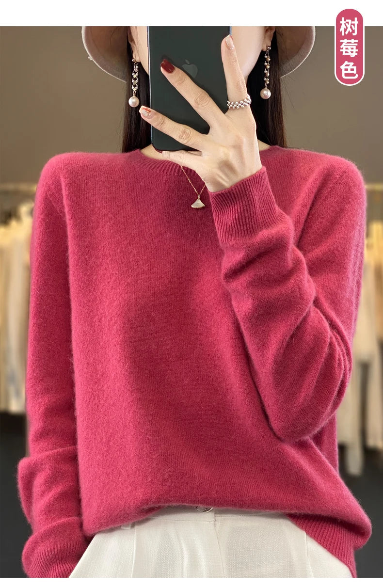 100 % Merinoull Tröja Dam O-ringad Cashmere Stickat Dam Pullover Höst Vinter Fritidskläder Enfärgad Mjuka kläder