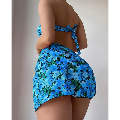 Cyflymder  Printing Split Bikini Set Women Swimsuit Metal U-shaped Decoration Bandage G-string Bikini Cover Ups Sexy 3 Piece Sets Beachwear