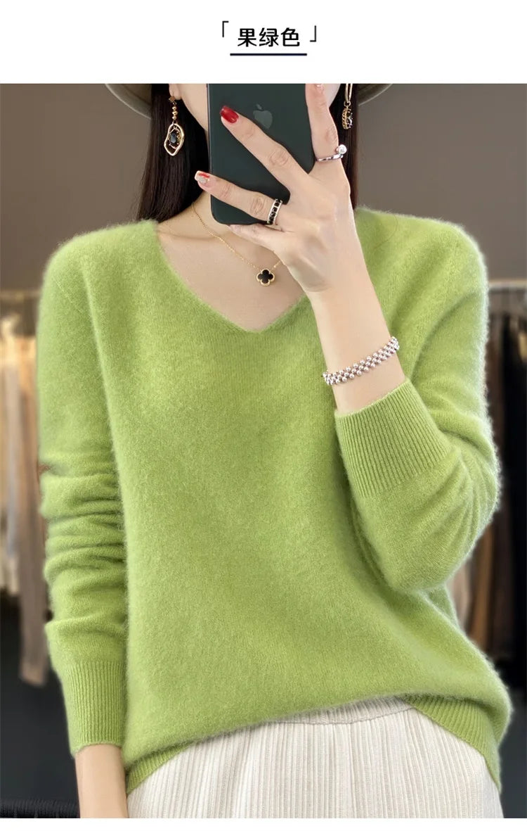 Merino Wool Women's Autumn And Winter Solid Color V-Neck Long-Sleeved Loose Knitted Sweater