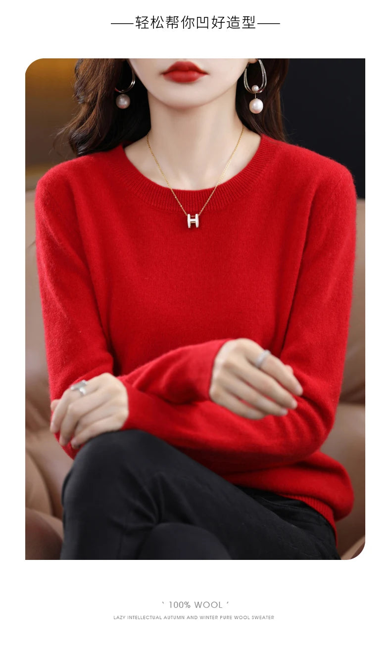 Women's 100% Pure Wool Cashmere Sweater O-Neck Pullover Knitted Casual Sweater Winter New  Long-Sleeved Warm High-Grade Jumper