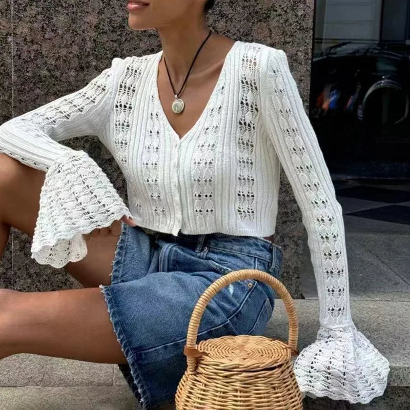 Tuularose Spring Knitted Cardigan Female Solid V-Neck Hollow Out Short Knitted Top Fashion Casual Loose Commuter Female T-Shirt