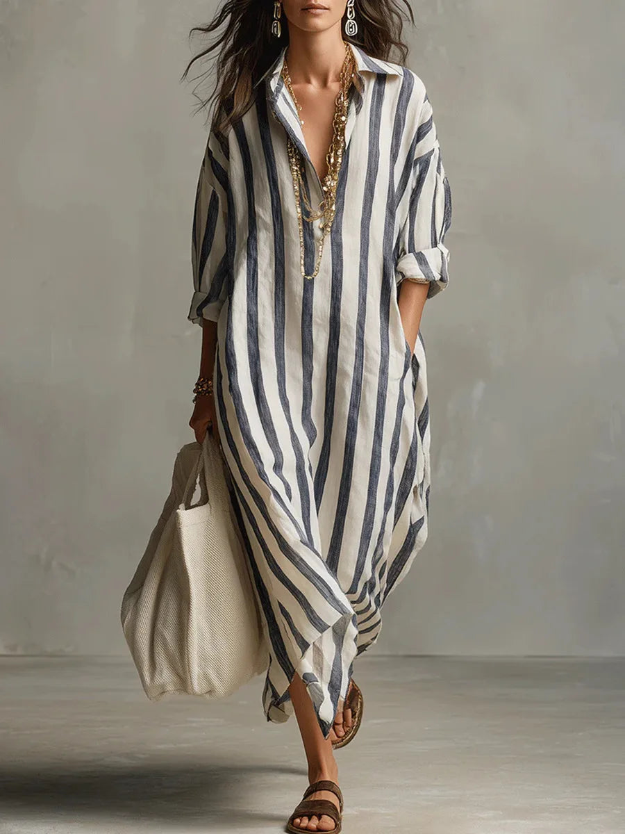 Amaris Loose Linen Cotton Striped Maxi Dress - Casual 3/4 Sleeve Shirt Dress - Seldom Seen Styles